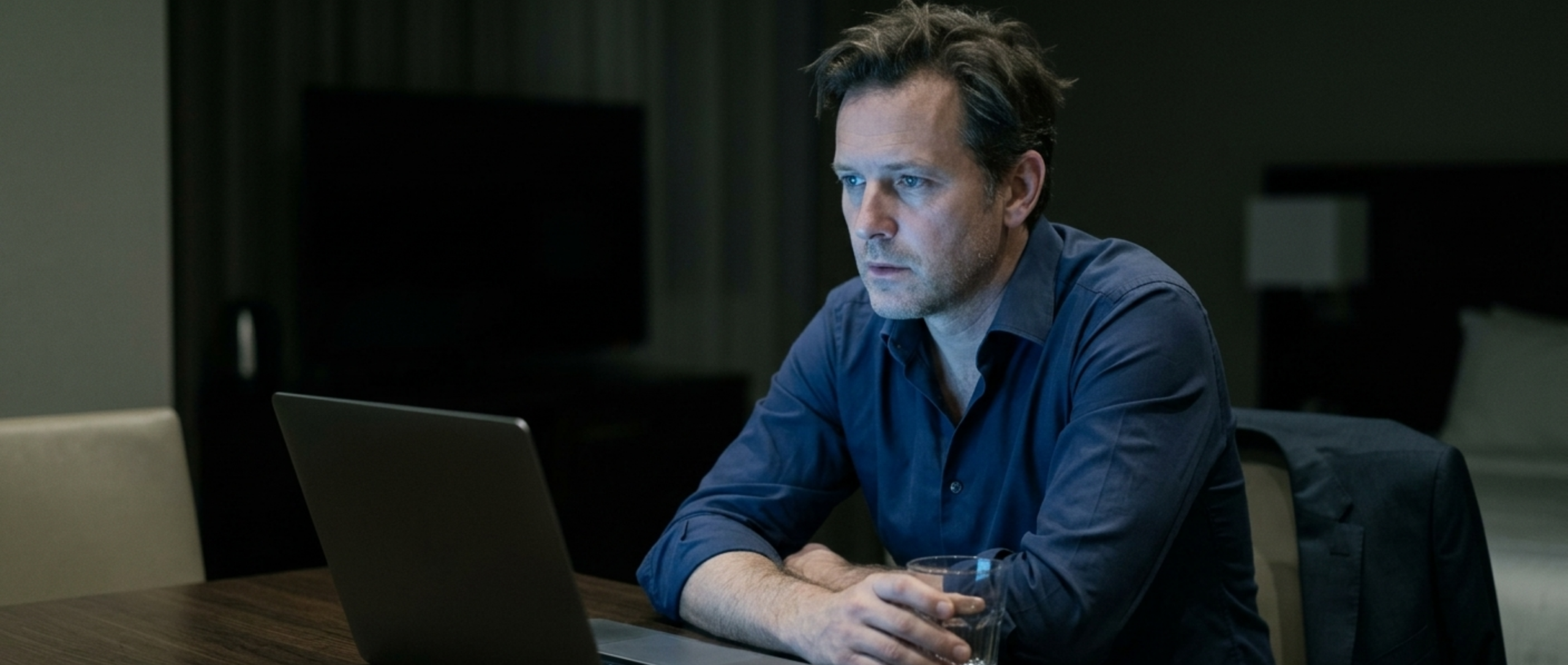 Mann sitzt nachts allein am Laptop, blaues Bildschirmlicht, nachdenklicher Gesichtsausdruck, symbolisiert digitale Einsamkeit und ChatGPT als Therapeut