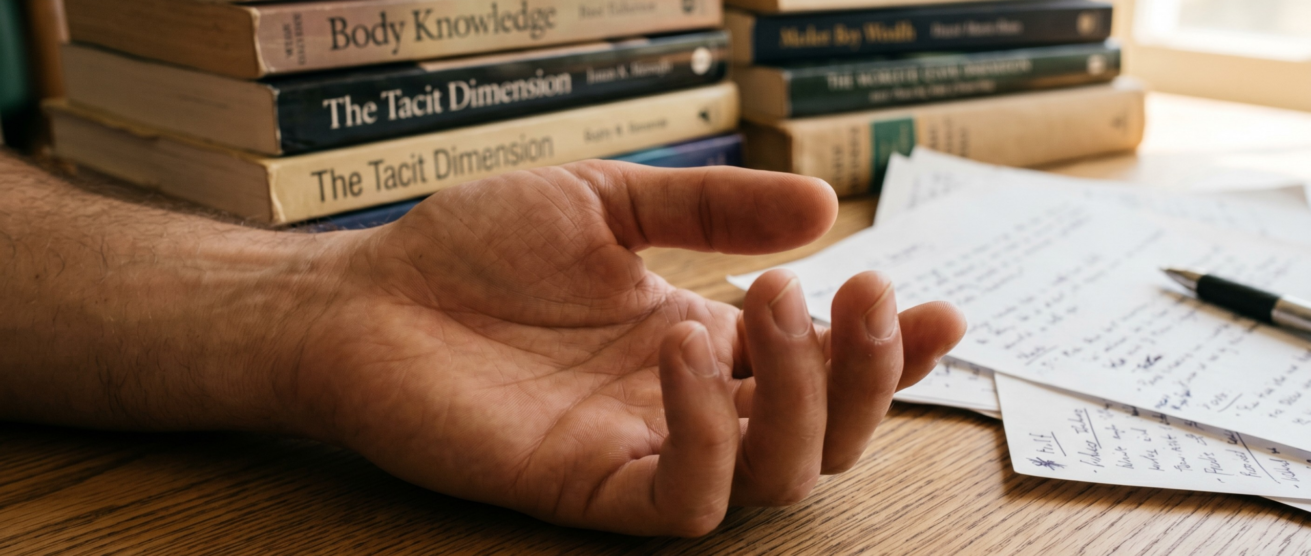 Offene, entspannte Hand auf Holztisch mit Büchern im Hintergrund – Körperwissen und Nervensystem